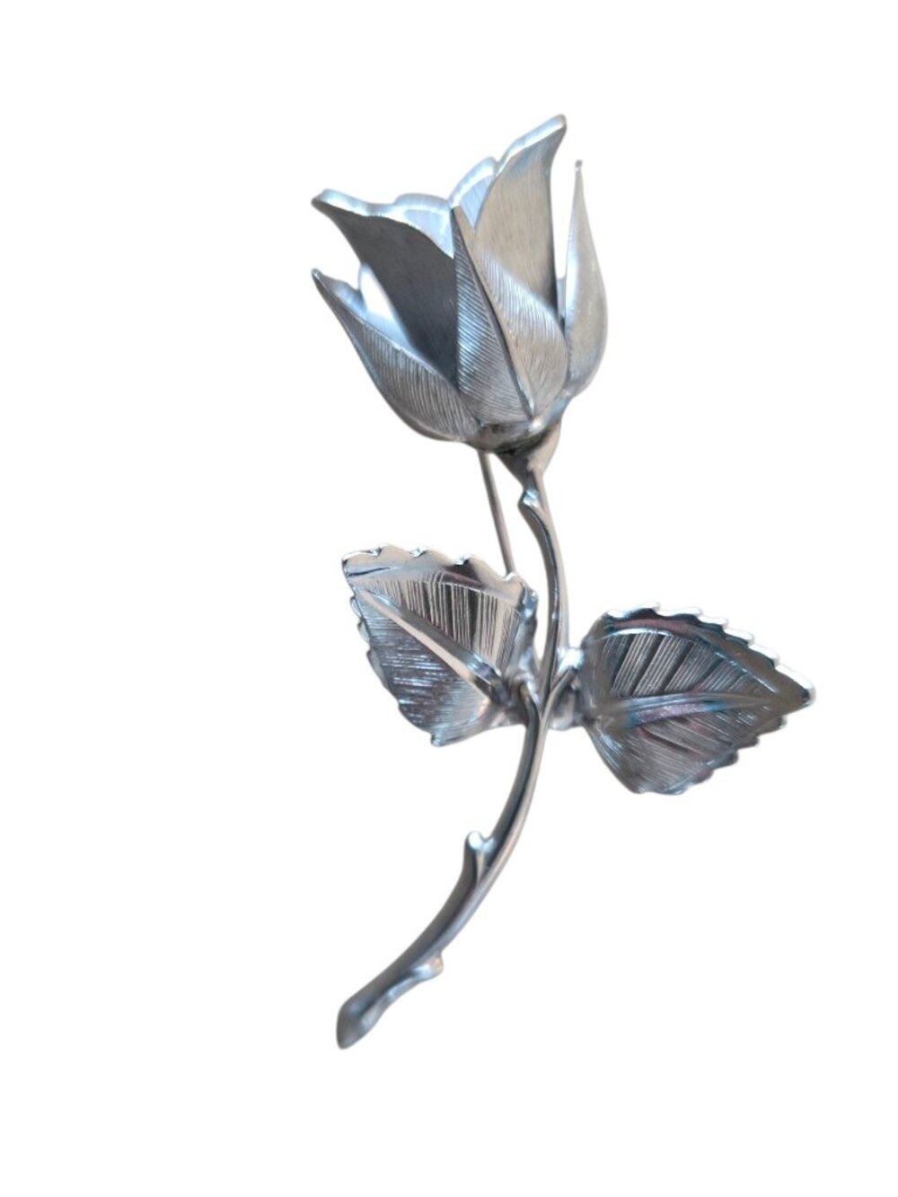 Giovanni Silvertone Long Stem Rose Brooch - Signed - Vintage 1960's Retro